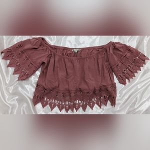 Iris Women's XL Blush Pink Wide-Shoulder Embroidered Cropped Blouse Top